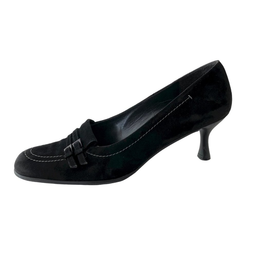 Vintage Stuart Weitzman Black Suede Kitten Heels size 7.5 Double Buckles Y2k